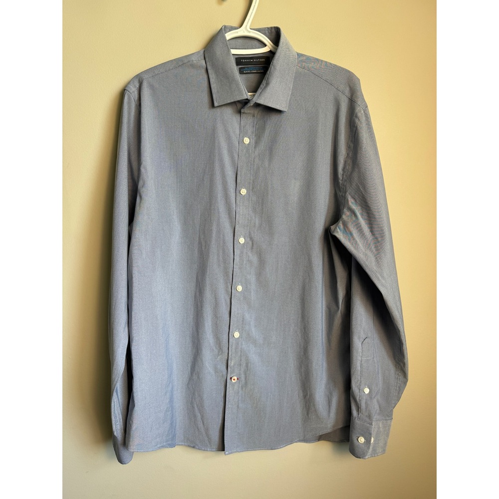 Tommy Hilfiger Mens Purplish Grey Slim Fit Dress Shirt 16.5 Preppy Business Chic